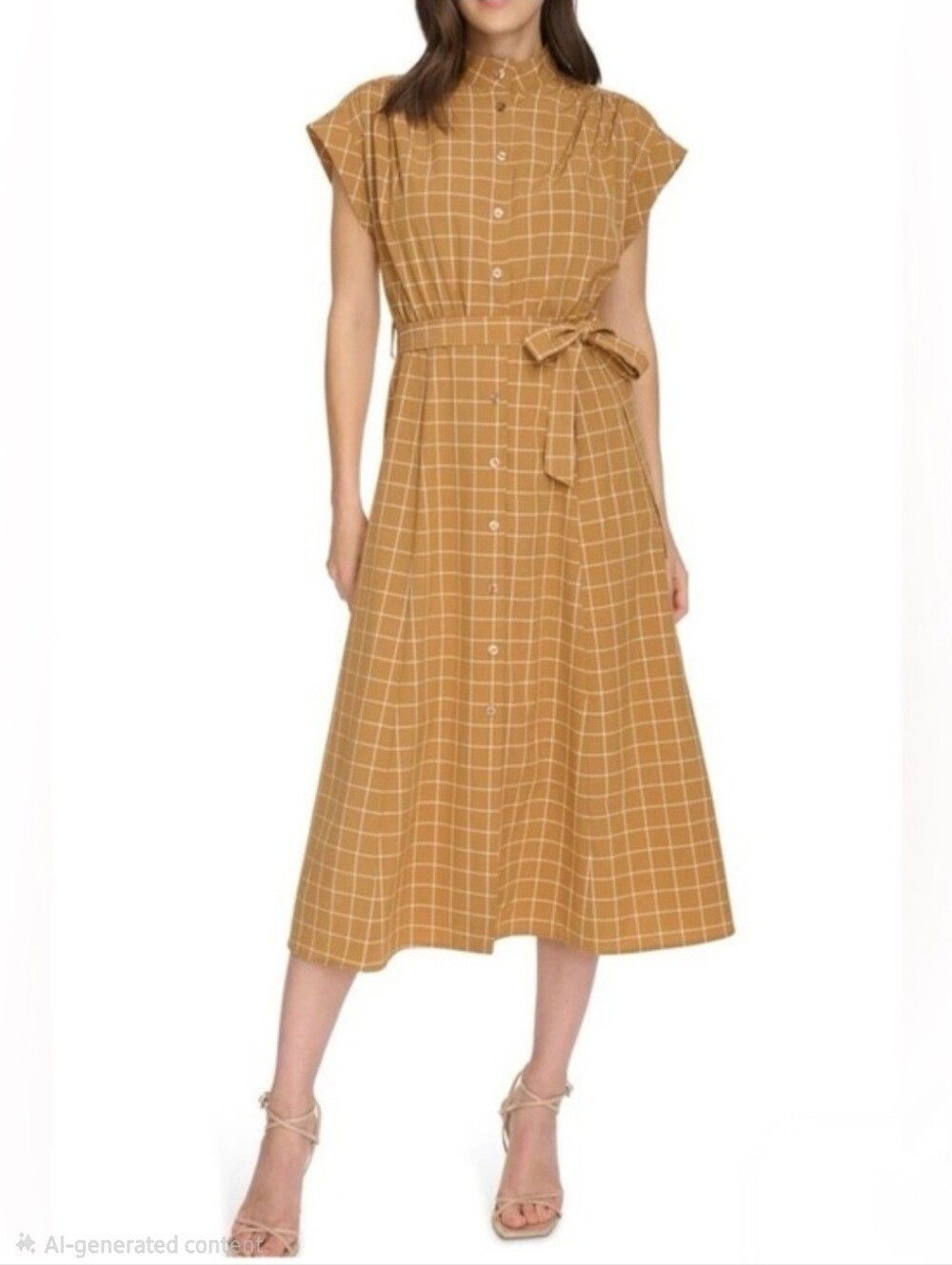 Button-Front Light Brown Windowpane Midi Dress with Waist Tie